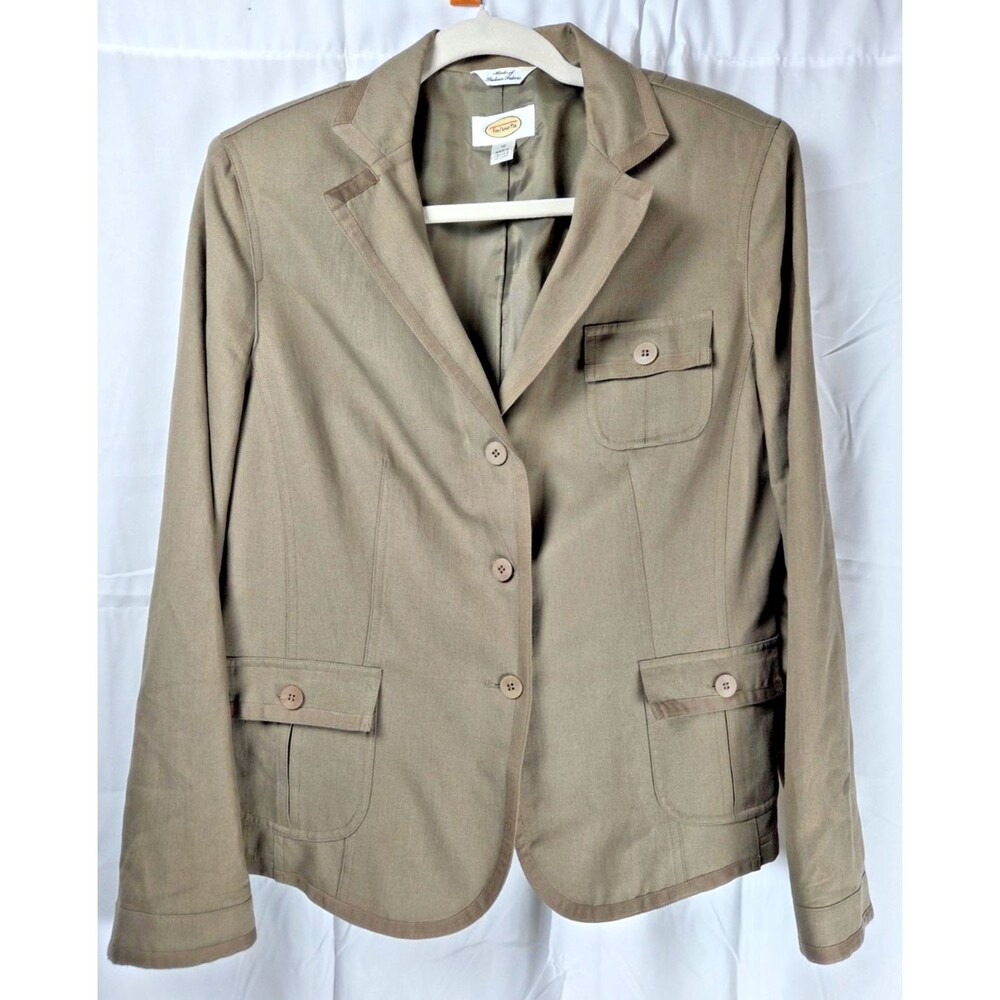 Talbots Women’s Blazer Jacket Size 12 Khaki Safari Utility 3 Button Cargo Pocket - Picture 2 of 9